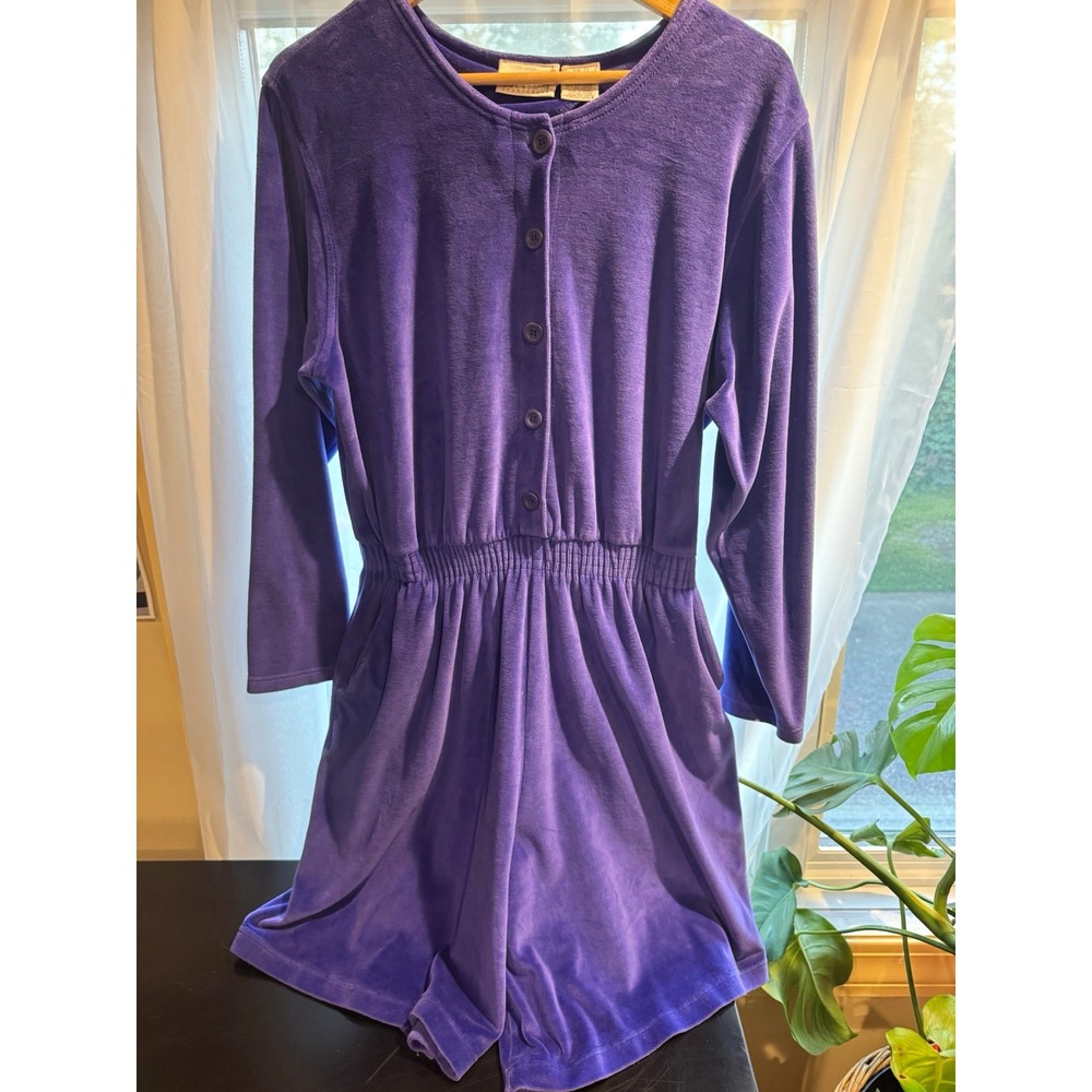 Vintage Liz Claiborne Purple Terry Romper Crew Neck Long Sleeve Button Pockets L